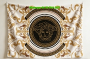 Versace White Black Gold Medusa Greek Key Baroque Print Flannel Sofa Throw Blanket IMG_1326